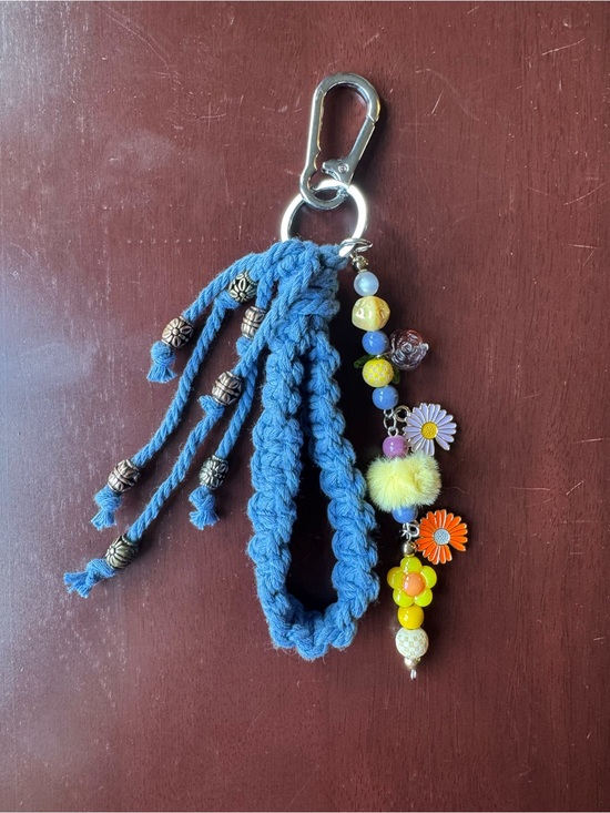 Hand Crafted Accessories - Blue Macrame Wristlet Bag Charm Keychain with Boho Floral Beading
